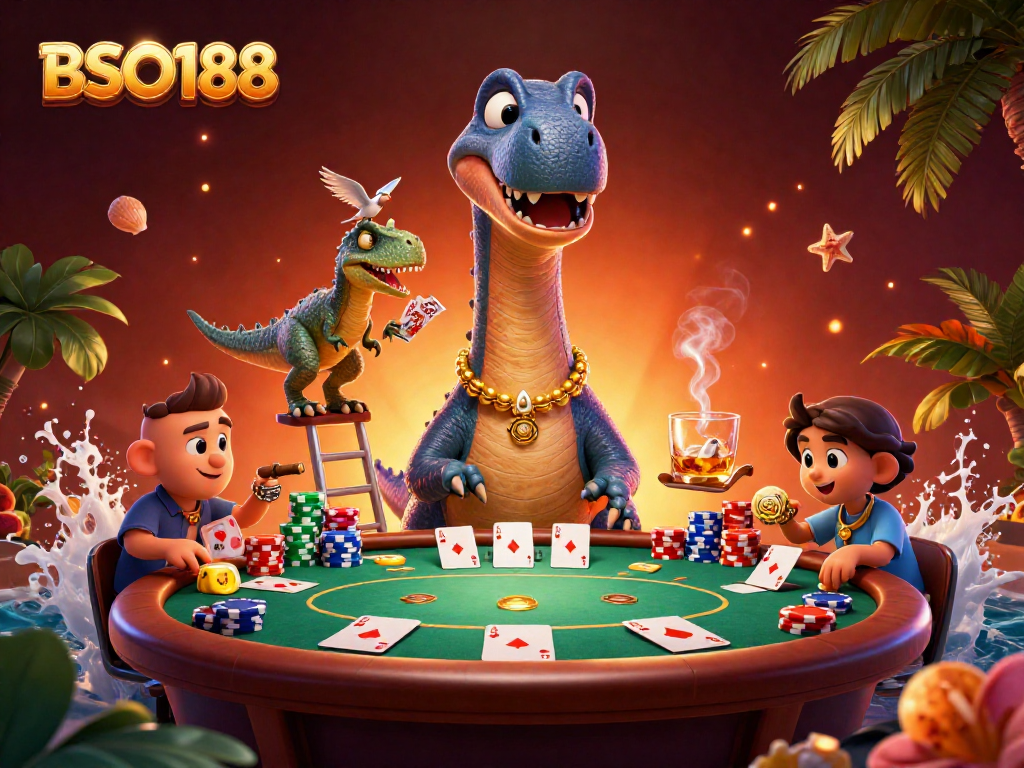 Engage in epic poker action with BSO188 featuring a brontosaurus and clever raptor dealer.