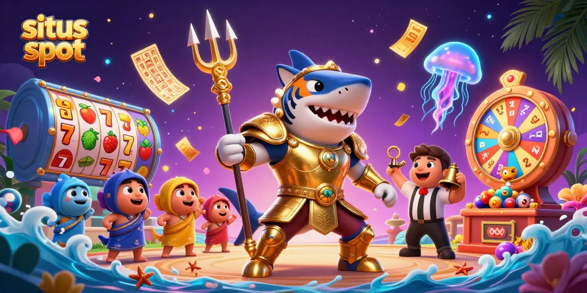 Experience thrilling situs slot action with a golden shark gladiator and vibrant gaming elements.