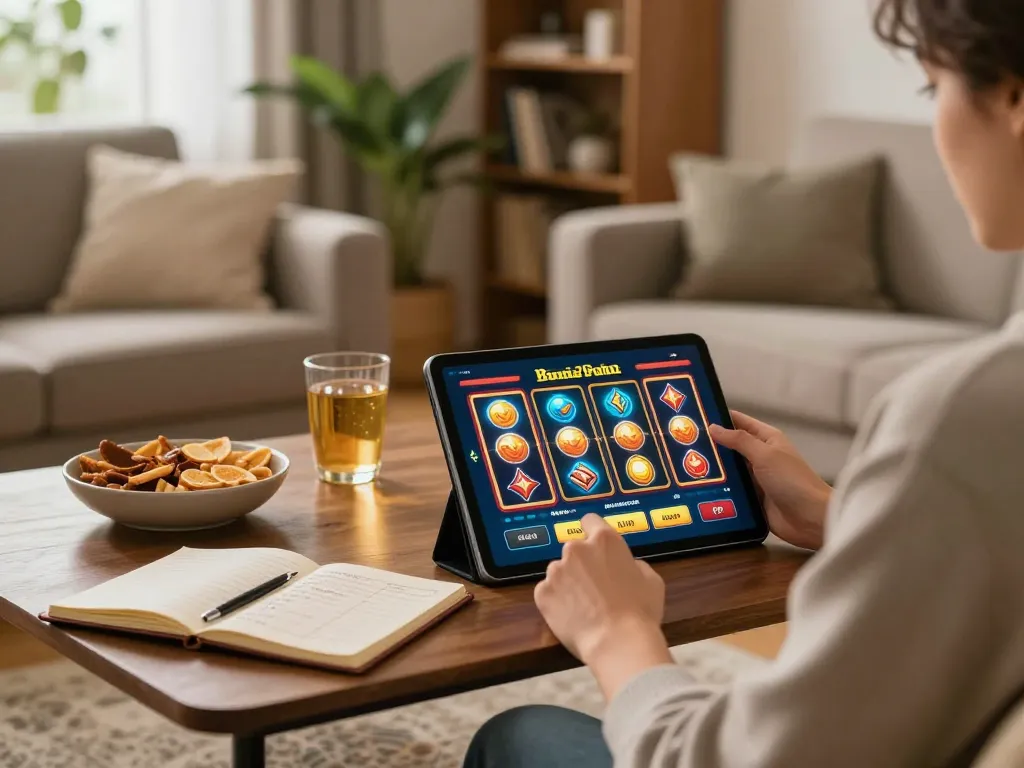 Engaging in qqslot login for online slots in a cozy home gaming setup with snacks.
