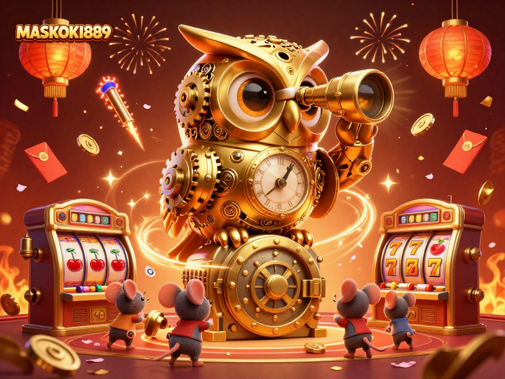 Play exciting slots at MASKOKI889 with vibrant visuals of spinning reels, lucky symbols, and festive elements.