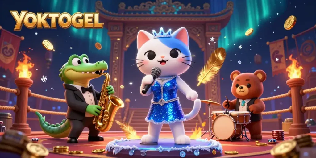 Experience the lively atmosphere of YOKTOGEL with a jazz-singer cat, a crocodile, and a bear cub surrounded by casino elements.