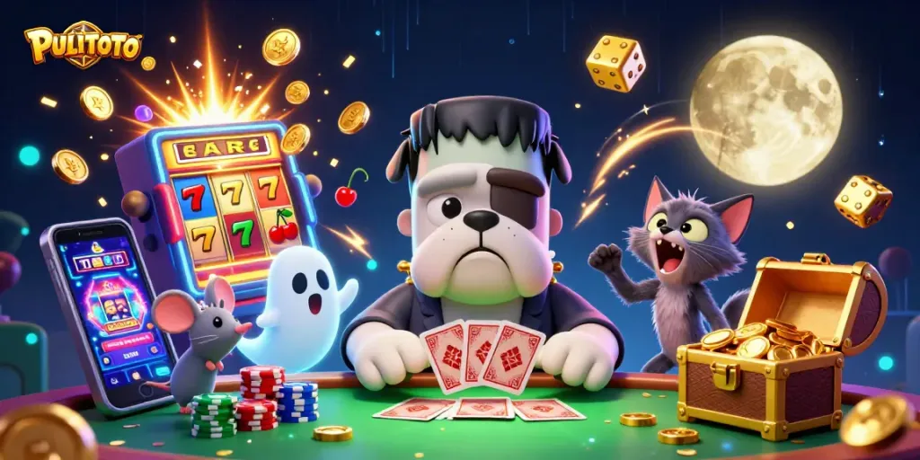 PULITOTO players enjoy a lively card game scene with a Frankenstein bulldog and a werewolf kitten amidst casino excitement.