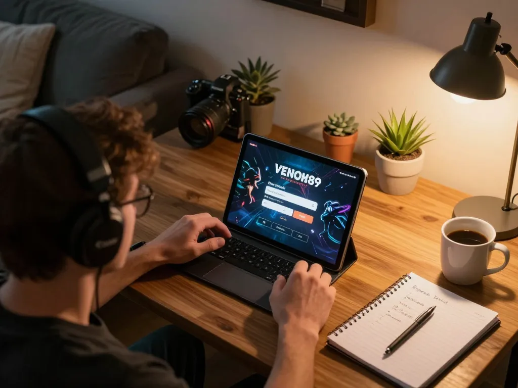 Player engaging with the VENOM889 Login on tablet during an intense online gaming session.