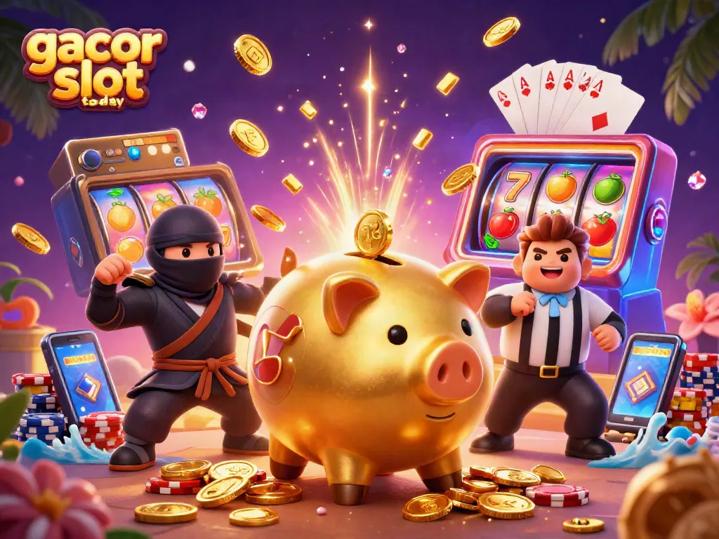 Spin and win with gacor slot today: an energetic scene featuring whimsical characters and sparkling casino elements.