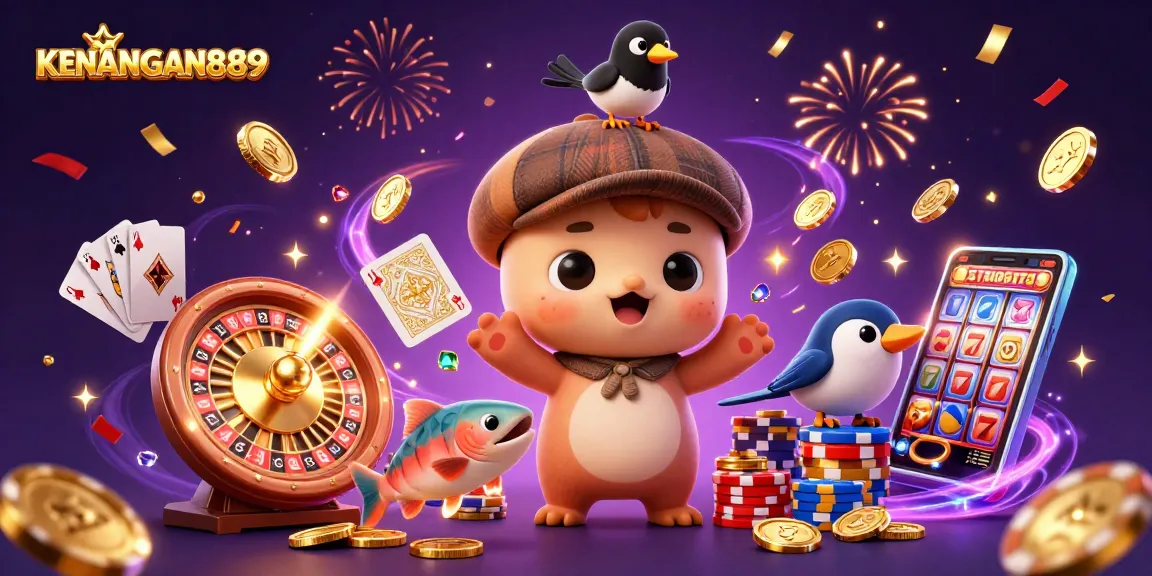 Play and win with KENANGAN889 featuring a vibrant 3D casino scene of Nessie and gold coins.