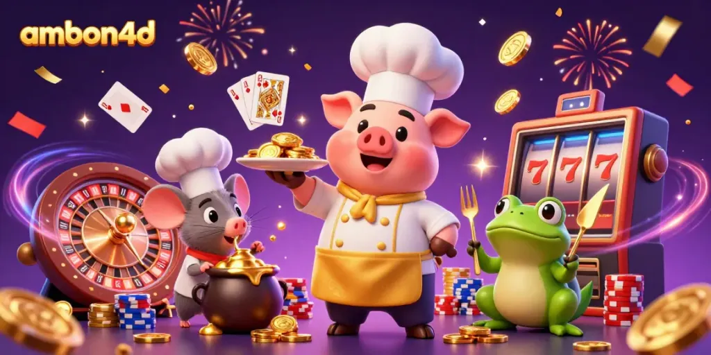 Experience the vibrant action of ambon4d with animated coins, exciting slot reels, and festive characters.