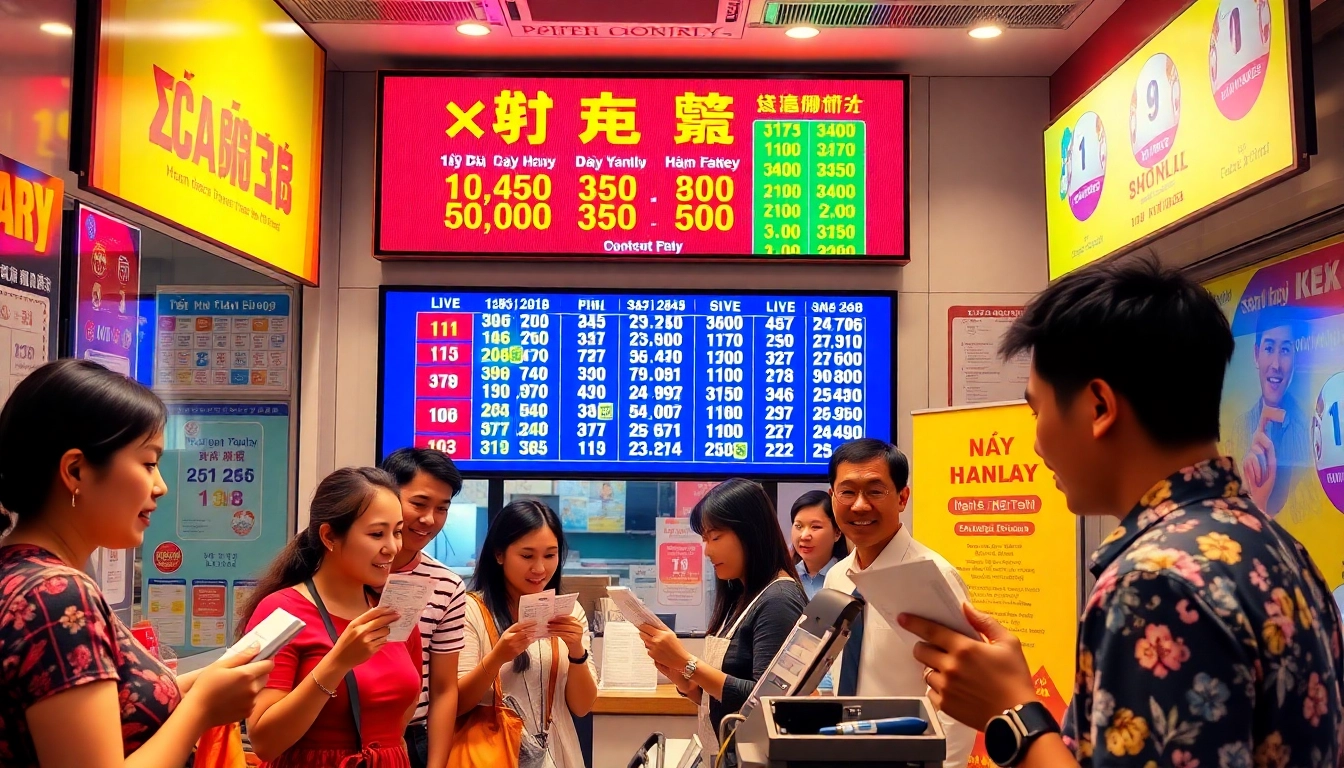 Xổ số hôm nay results displayed at a lively lottery office, with excited customers checking tickets.