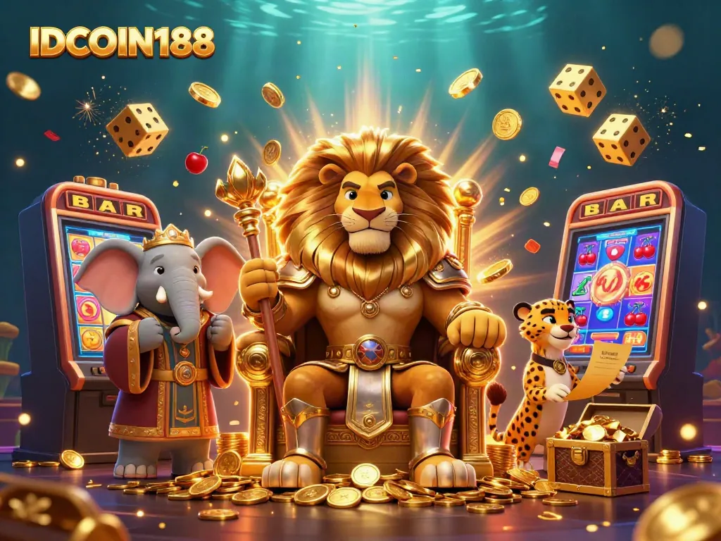 IDCOIN188 showcases a powerful online gaming scene featuring a majestic lion and vibrant slot elements