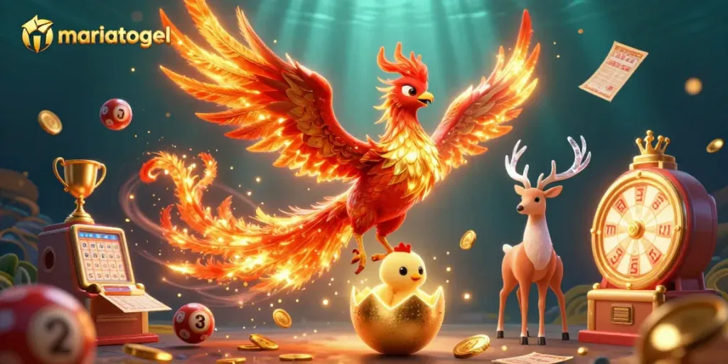 Experience a vibrant mariatogel scene with a phoenix and lottery elements bringing excitement to online gambling.