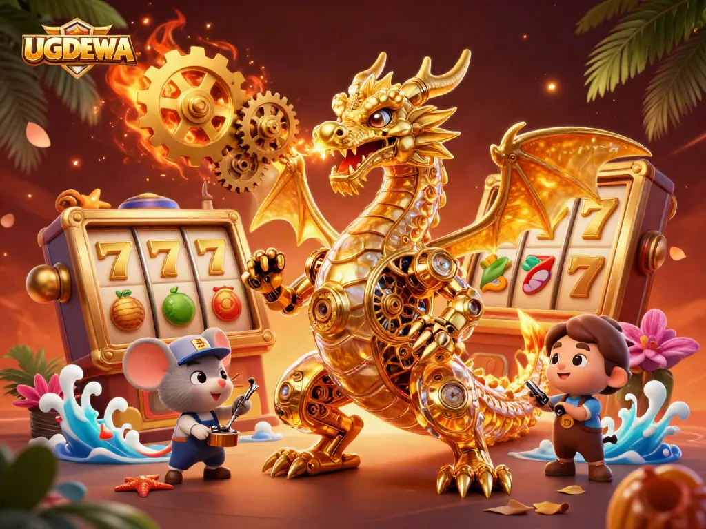 Engage with UGDEWA's thrilling slot experience, featuring a golden dragon and dynamic casino elements.