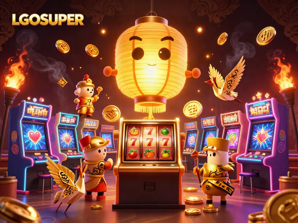 Experience the excitement of LGOSUPER slot gaming in a vibrant 3D illustration featuring golden lanterns.
