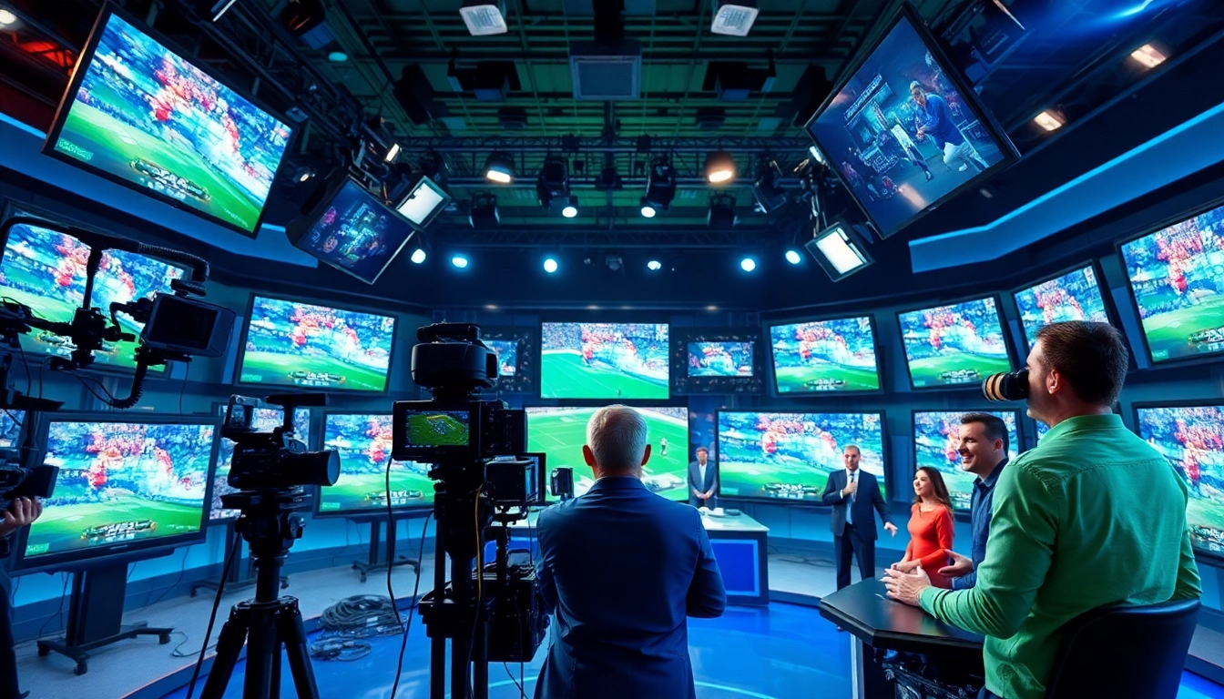 Engaging sports broadcasting studio with presenters and live feeds featured prominently.