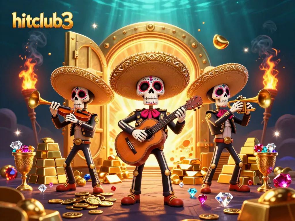 Experience the thrill of gaming with hitclub3's vibrant Dia de los Muertos band and dynamic treasure scene.