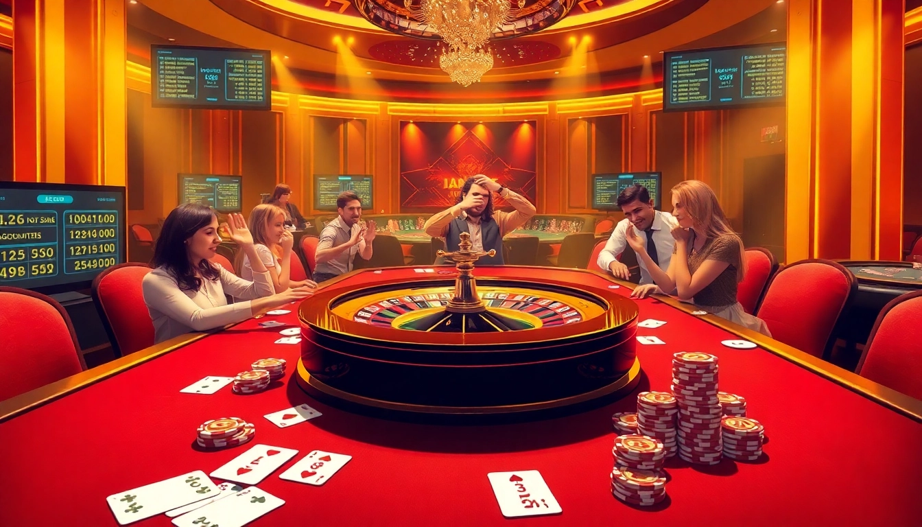Exciting gambling scene with jagoan86 players at a roulette table, showcasing vibrant colors and energetic atmosphere.