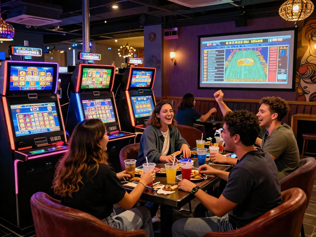 Permainan Slot gacor di lounge judi yang ramai dengan teman-teman yang bersenang-senang.