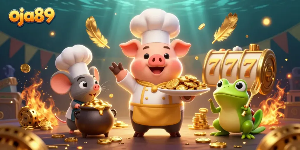 Melihat keseruan oja89 saat chef babi menyajikan koin emas di kasino online.