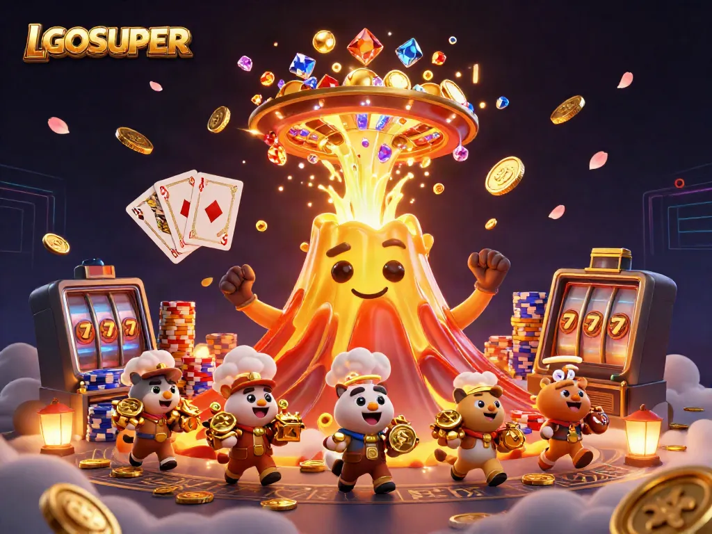 Experience thrilling gaming excitement with LGOSUPER, featuring a golden volcano erupting treasures in a dynamic casino scene.