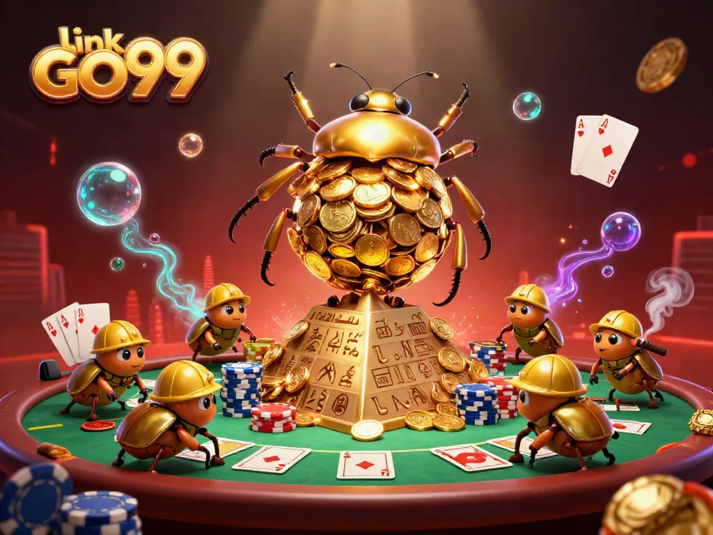 Engage with link GO99 through a vibrant 3D scene celebrating casino gaming with a golden beetle theme.