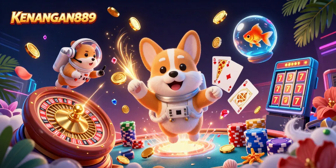 Experience KENANGAN889 in a vibrant space casino scene brimming with playful characters and dynamic game elements.