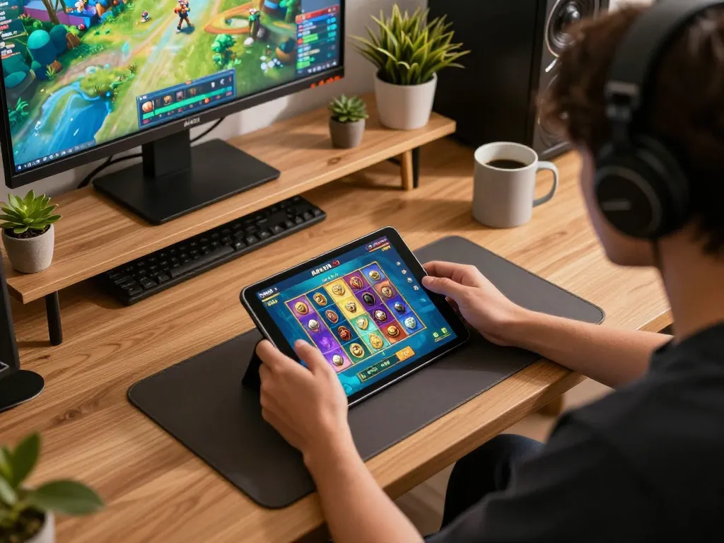 Engaging in alfa138 slot gaming on a tablet in a stylish home setting, highlighting strategic moments.