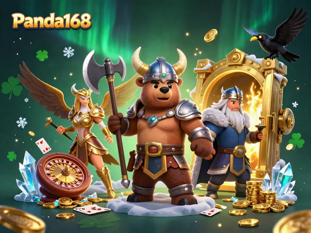 Panda168 menghadirkan pengalaman kasino terunggul dengan karakter Viking dan elemen permainan yang menari di latar belakang gemerlap.