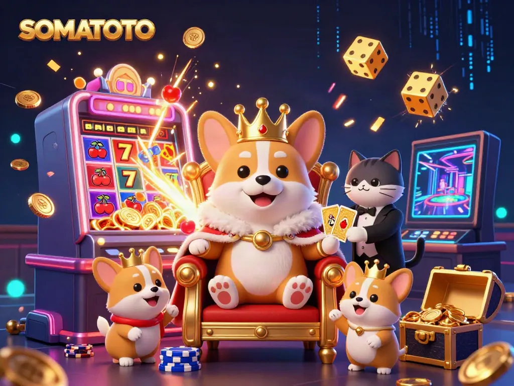 SOMATOTO's vibrant 3D casino scene featuring a royal corgi and a cat butler amid a jackpot explosion.