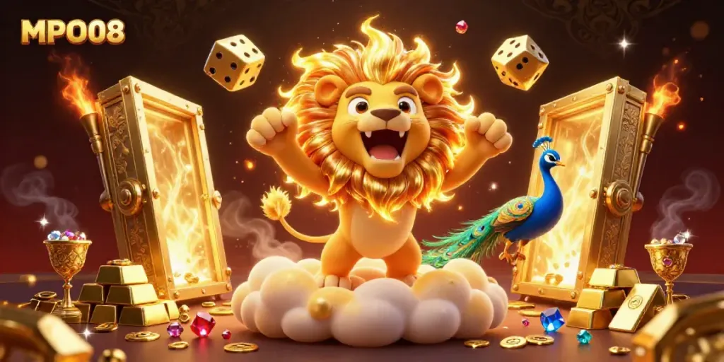 MPO08 embodies the excitement of winning with golden treasures and vibrant characters in a dynamic casino scene.