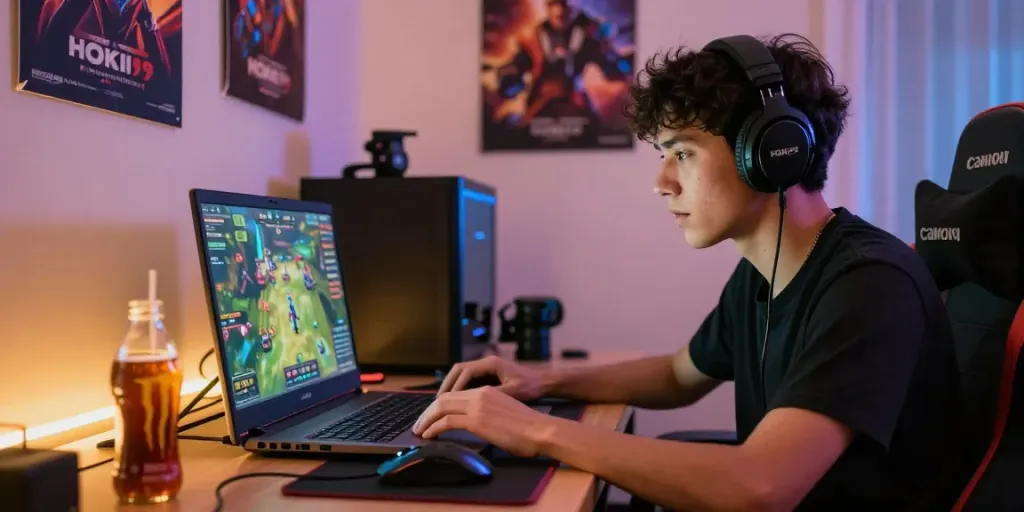 Pengguna HOKI99 bermain game di laptop dengan aksesori gaming di sekitar, suasana hangat dan nyaman.