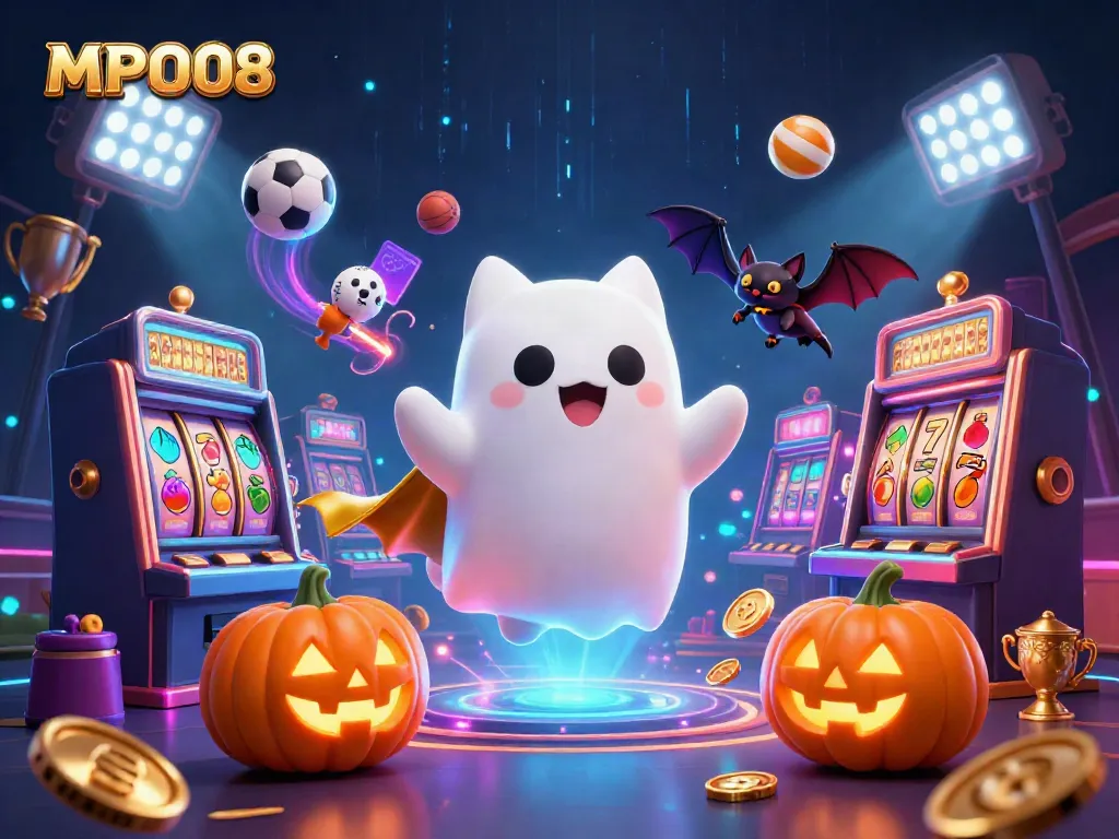 MPO08 showcases a ghost cat and bat in a vibrant haunted casino scene filled with slot elements.