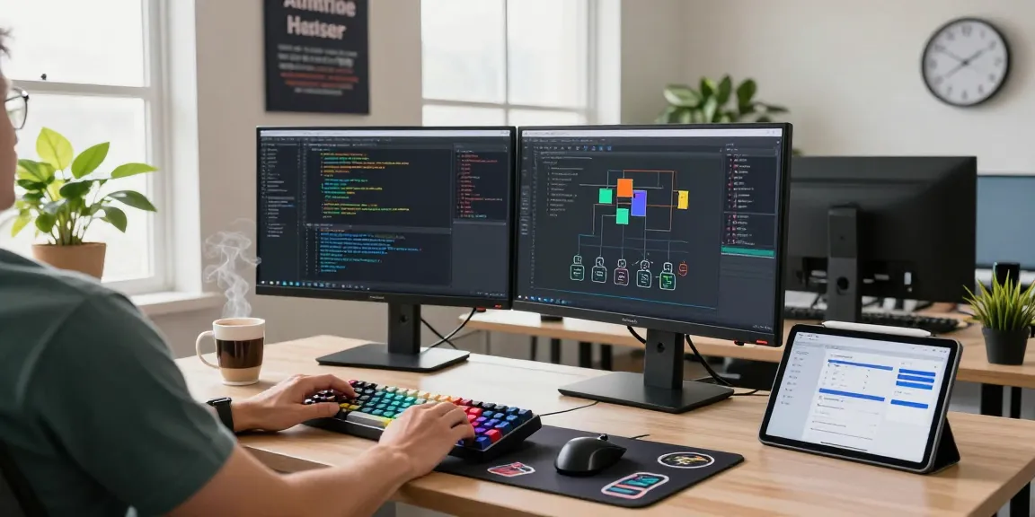 Workspace pengembangan perangkat lunak dengan SGA33 di monitor, menampilkan suasana kerja produktif.