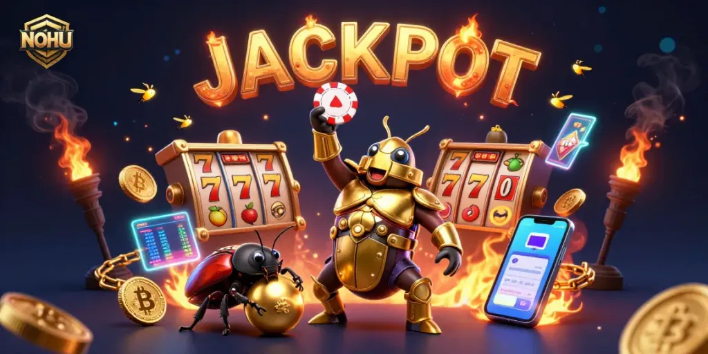 Engage with NOHU's thrilling casino experience featuring a victorious beetle and glowing jackpot elements.
