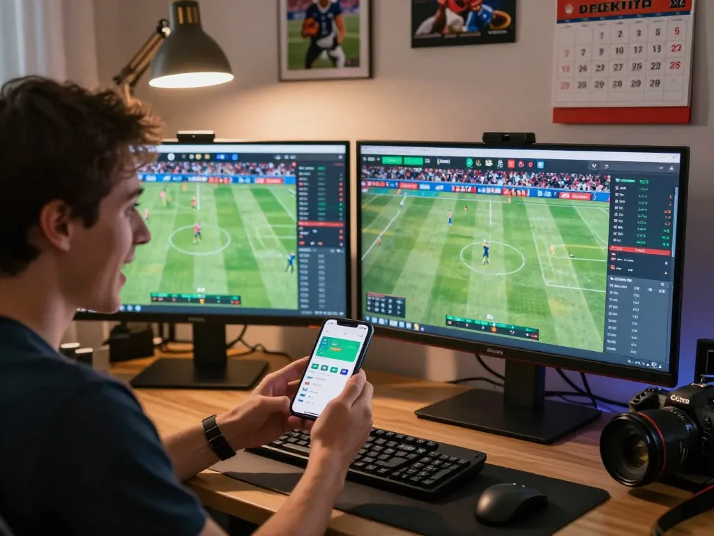 Engaging viewer in Daftar IDNSCORE sports betting excitement with live match updates on multiple screens