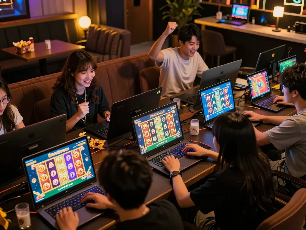 Players enjoying game nổ hũ online with colorful reels and joyful celebrations in a cozy environment