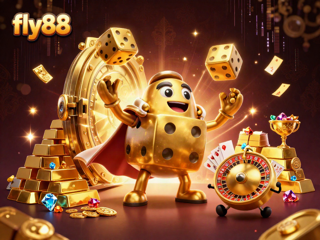 Experience the excitement of fly88 with a dazzling scene of golden dice and a treasure vault.