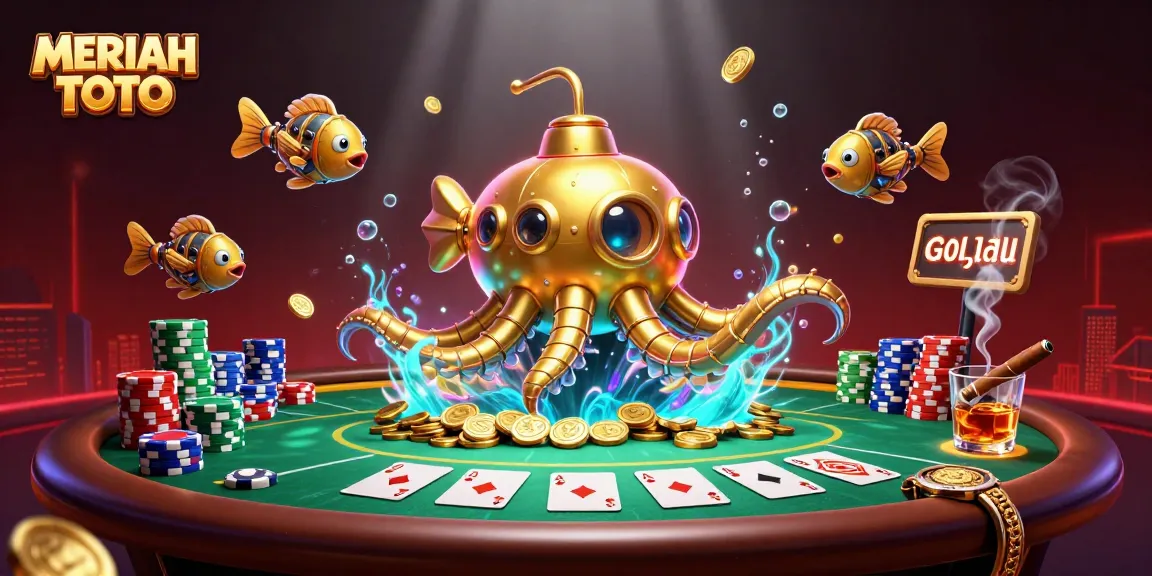 MERIAH TOTO menampilkan kraken emas dan elemen poker dalam ilustrasi kasino berenergi tinggi.