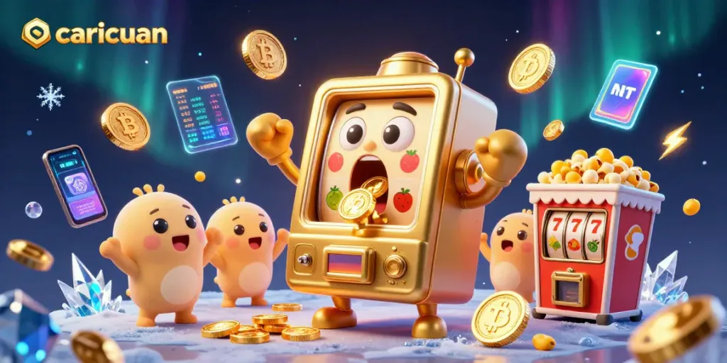 Engaging caricuan-themed slot machine illustration showcasing a jackpot celebration with neon crypto elements.
