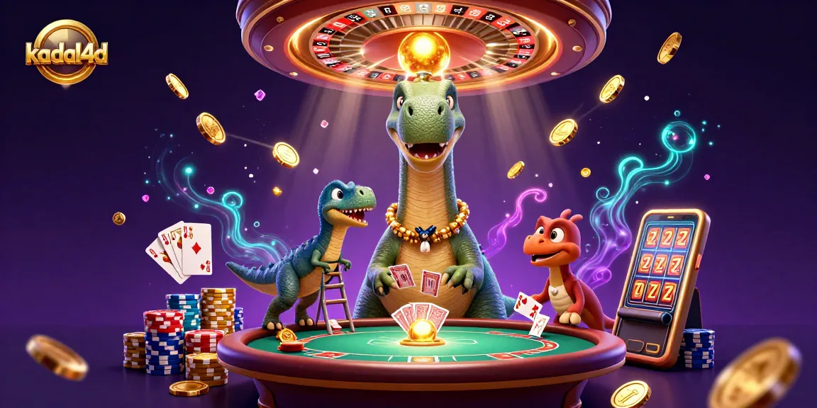 Kadal4d menghadirkan ilustrasi kasino digital dengan dinosaur raksasa dan raptor, lengkap dengan elemen permainan slot.