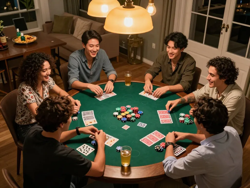 LGO99 players enjoying a friendly poker night, showcasing strategy and camaraderie with cards and chips.