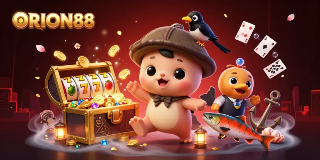 Join the excitement at ORION88 with a vivid illustration of playful characters celebrating gaming fortunes.