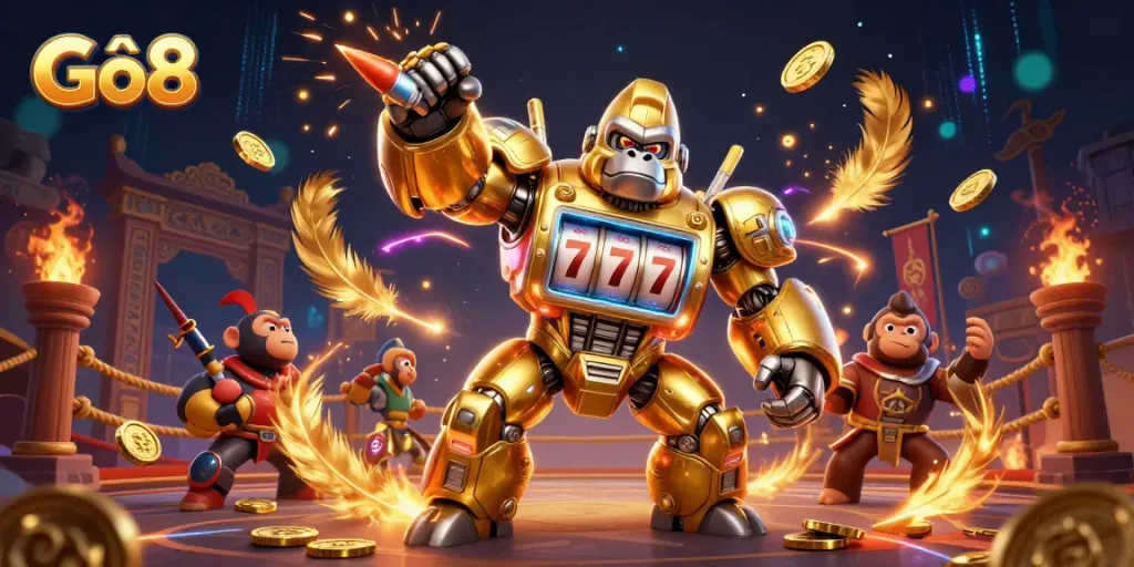 Engage with Gô8's dynamic gaming universe showcasing a golden gorilla mech and thrilling casino action.