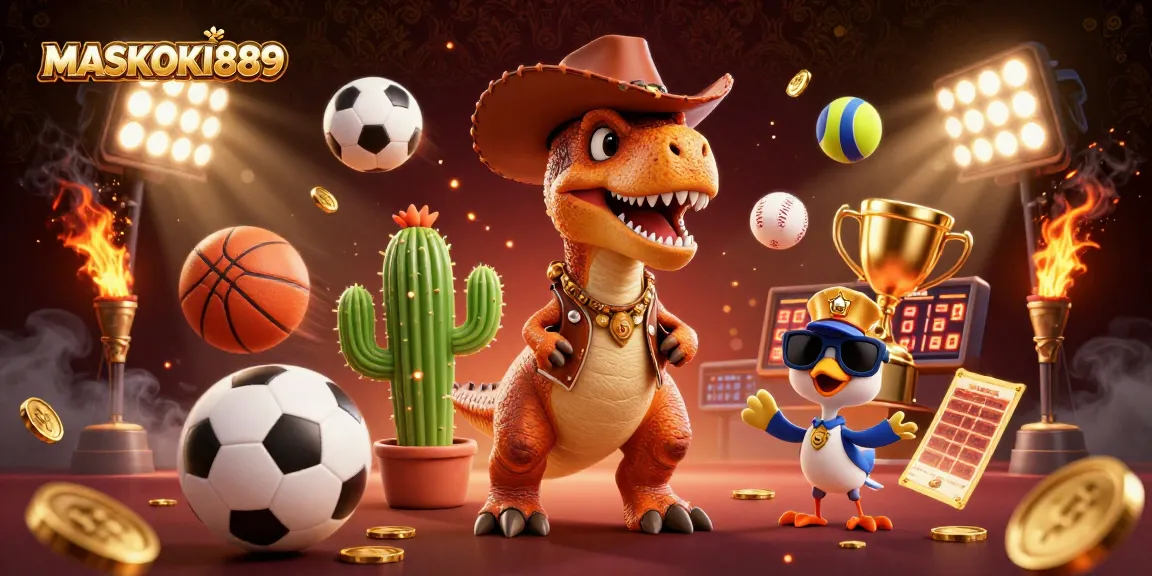 Experience thrilling gameplay and sports excitement with MASKOKI889, featuring dynamic sports balls, iconic characters, and vibrant casino visuals.