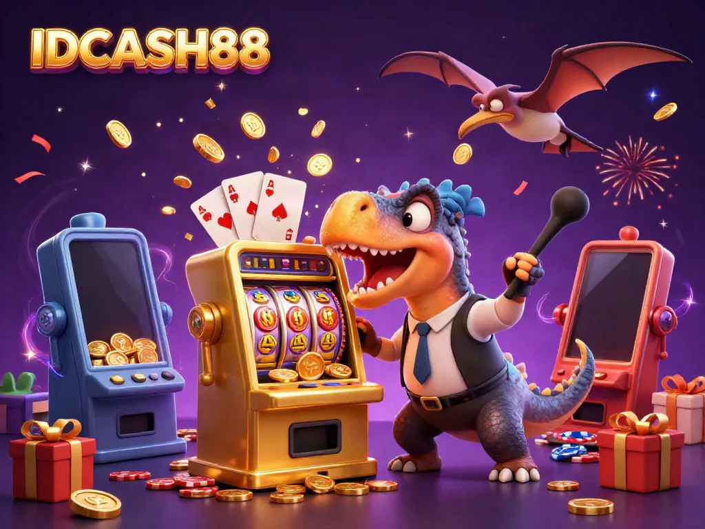 Experience IDCASH88 excitement with dynamic 3D characters headbutting a jackpot slot machine amidst flying coins.