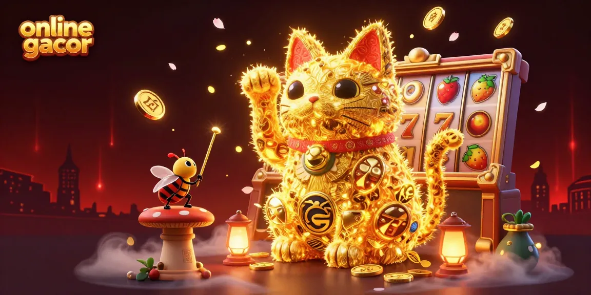 Experience the thrill of online gacor through dynamic scenes of slot symbols and lucky cat imagery.