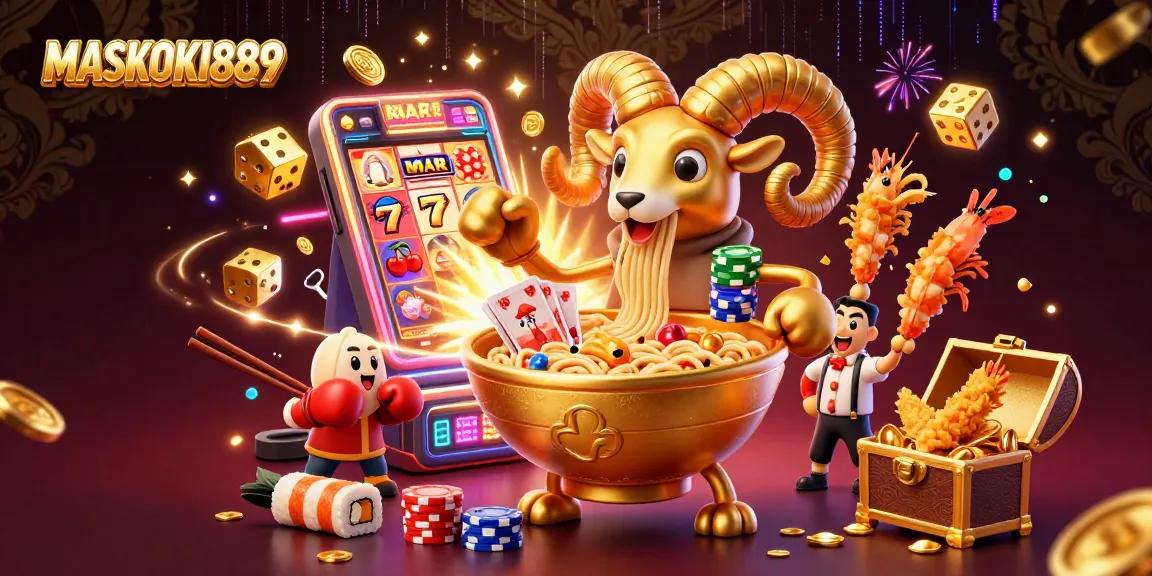 Experience the lively action of MASKOKI889 with a vibrant 3D casino scene showcasing dynamic characters and games.