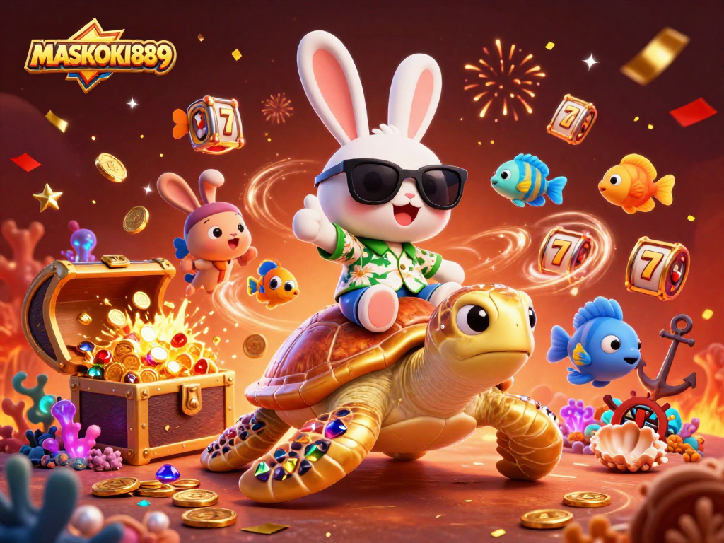 Experience the thrill of MASKOKI889 with an exciting cartoon scene featuring a lucky rabbit and golden turtle among vibrant casino elements.