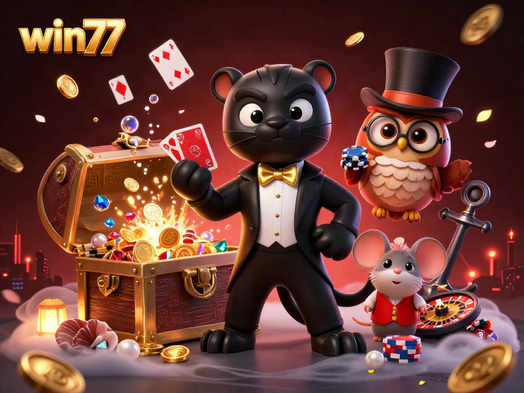 Menangkan permainan kasino dengan win77 saat panther mewah dan teman-temannya bermain kartu dengan chip.