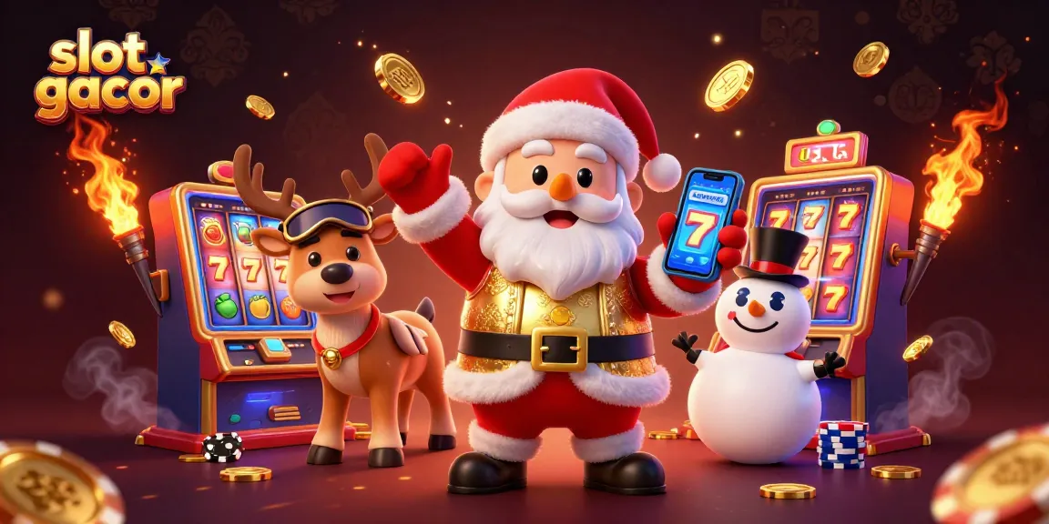 Engaging Santa Claus celebrating on slot gacor with colorful 3D slot machines and festive elements.