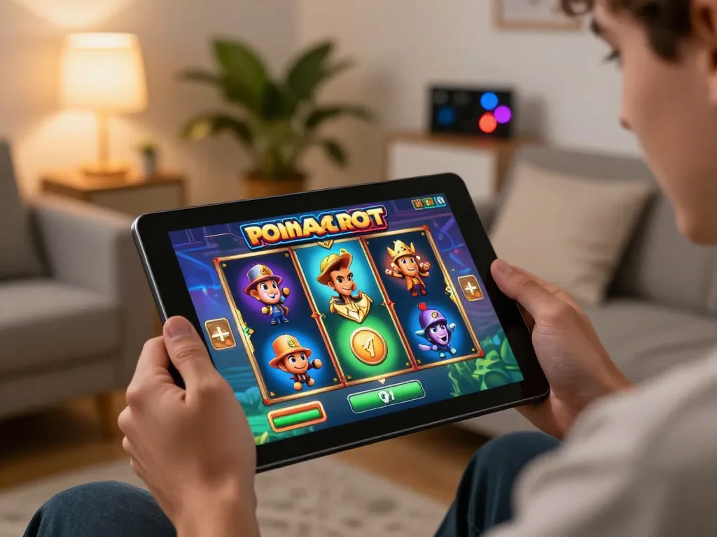 Engaging in a lively slot demo game on a tablet with colorful animations and graphics.