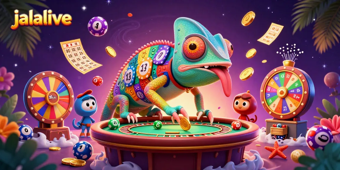 Watch jalalive's vibrant scene with a chameleon casino owner capturing golden coins amidst colorful lottery chaos.