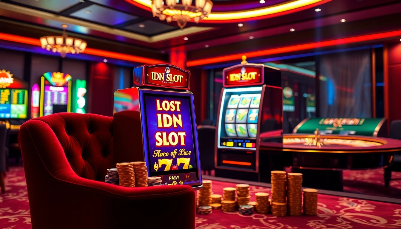 Play the exciting idn slot on a luxurious casino floor, surrounded by vibrant lights and rich colors.